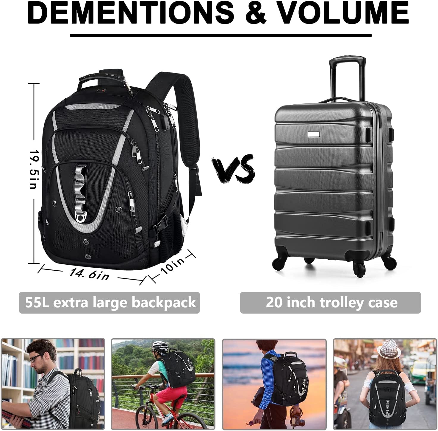 Extra Large 18.4-Inch Laptop Backpack for Men, 55L-60L Capacity, Gaming-Compatible with USB Charging Port, TSA-Friendly, RFID Anti-Theft Pocket, Water Resistant, Ideal for Travel and Business Use